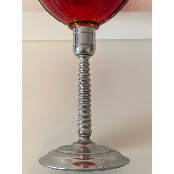 3 Vintage Ruby Red Glass Wine Goblet Glass Chrome Stem Replacement - Picture 4 of 9